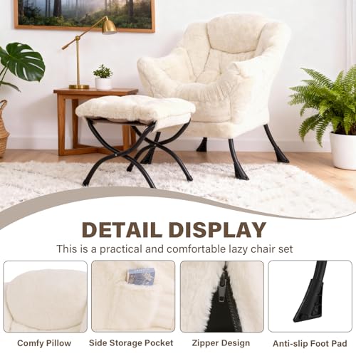 Modern Lazy Chair with Ottoman Lounge Accent Reading Chair for Living Room | Foldable Footstool,Removable Cover,Soft Padded Seat & Backrest,Upholstered Comfy Chair for Bedroom,Dorm,Office,Small Space - color: Plush Beige