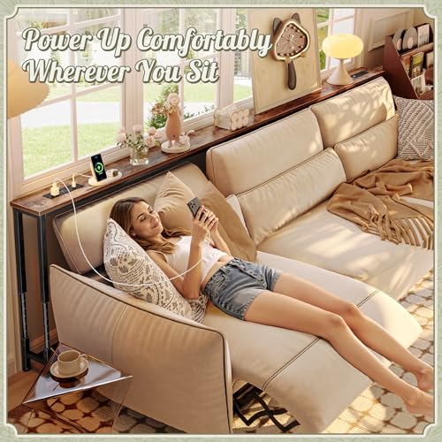 Huuger 110.2 Inch Sofa Table with Power Outlets, 23.9’’-34.4’’ Height Adjustable Range, Behind Couch Table with USB-C Ports, Sofa Tables Narrow Long, Skinny Console Table, Small Spaces, Rustic Brown - color: Rustic Brown, size: 110.2''W x 23.9''-34.4''H