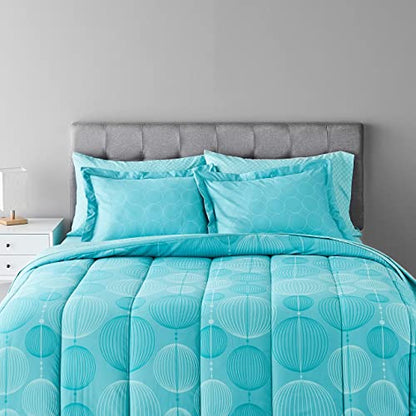 Amazon Basics Full/Queen Comforter Set with Geometric Sheets, 7-Piece Industrial Teal Bedding, Lightweight Microfiber Bed-in-a-Bag - color: Industrial Teal, size: Full/Queen, style: 1-Pack