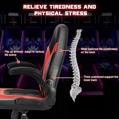 Sweetcrispy Gaming Chair, Lumbar Support Home Office Computer Chair | PU Leather, Flip-up Armrest, Swivel Wheels, Height Adjustable, Video Racing, Red - color: Red