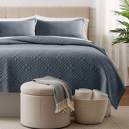 Clara Clark Quilts Twin Size - All Season Bedspread Coverlet Set, Pinsonic Weave Lightweight Bedding Set - 5 Piece Twin Quilt Set with Pillow Shams, Steel Blue - Twin Diamond - color: 21 – Slate Blue – Diamond, size: Twin