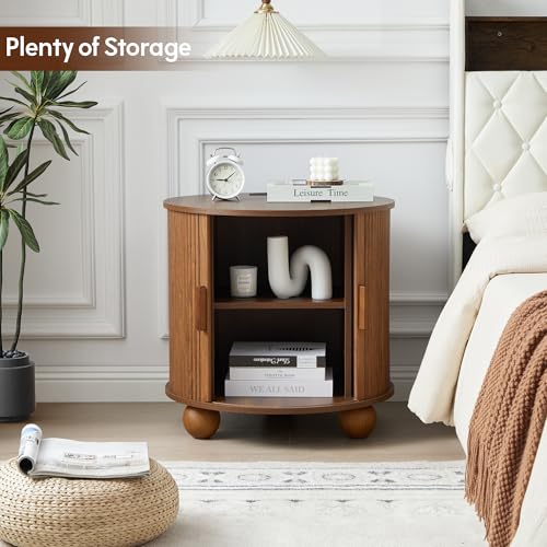 24" Round End Table with Charging Station, Fluted Side Table, Walnut | Farmhouse Sofa Side Tables Living Room, Mid-Century Wood Nightstand with Sliding Tambour Door & Storage, Round End Table - color: Walnut