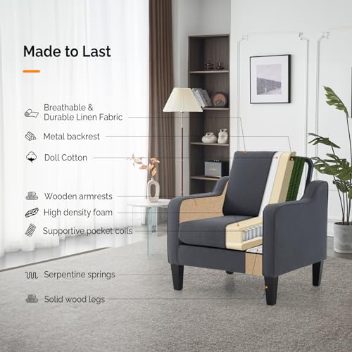 VINGLI Accent Chairs for Living Room Chairs Mid Century Modern Chair Sofa Chair Upholstered Arm Chair with Scooped Arms for Bedroom, Apartment, Office, Studio, Waiting Room, Play Room - color: Dark Grey