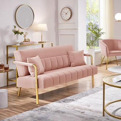 Yaheetech 56.5" Smal Sofa 2 Seater Couch with Gold-Tone Legs, Pink | Small Sofa Loveseat Velve 2 Seater Couch with Tufted Back Gold Metal Frame 2 Pillows for Office, Studio,Living Room - color: Pink, size: 56.5" W