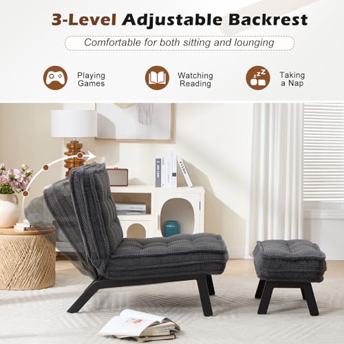 ANJ Armless Accent Chair with Ottoman Adjustable Backrest, Black Living Room Chair Tufted Upholstered Lounge Chair with Footrest Set, Modern Chair Cozy Reclining Chair for Reading Room Bedroom - color: Black, size: 1