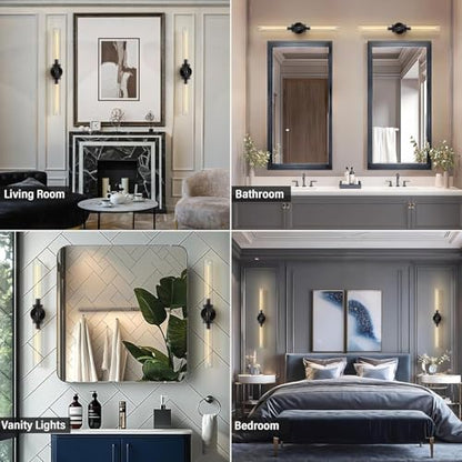 Brass Wall Sconces, 30in Black 2-Light Double Glass Sconces Wall Lighting, Bathroom Knurled Vanity Light Sconces, Wall Lights for Living Room Bedroom（Including Bulb） - color: Black- 30 inch-2 Pack, size: 2 Pack