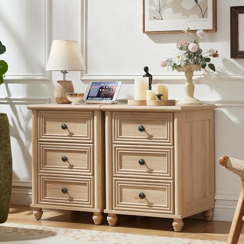 RWYHG 18" Night Stand Set 2, Nightstand with 3 Drawers | Farmhouse Modern Bedside Table, Solid Wood Legs, Metal Handles, Bed Side End Tables for Bedroom Living Room (Natural) - color: Natural, style: 3 Drawers*2