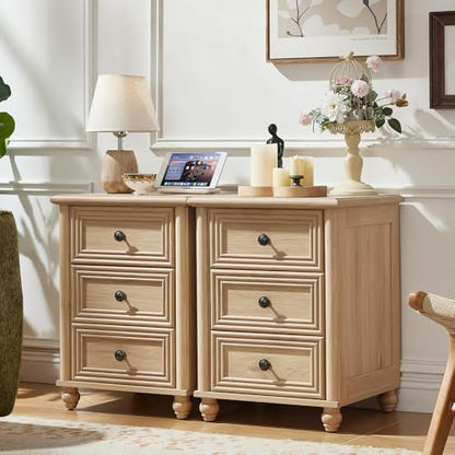 RWYHG 18" Night Stand Set 2, Nightstand with 3 Drawers | Farmhouse Modern Bedside Table, Solid Wood Legs, Metal Handles, Bed Side End Tables for Bedroom Living Room (Natural) - color: Natural, style: 3 Drawers*2