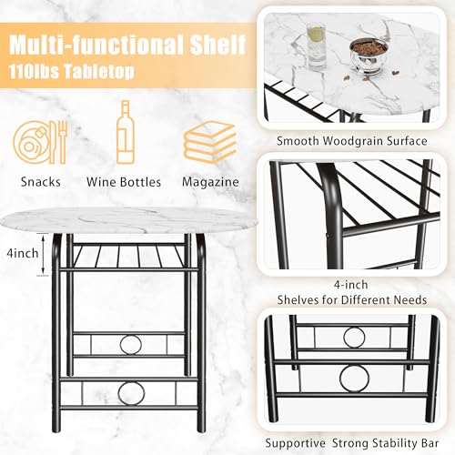 JUMMICO 3-Piece Wooden Round Table & Chair Set | Kitchen Breakfast Nook Wood Grain Tabletop with Metal Frame and Built-in Wine Rack for Kitchen, Dining Room (White/Black) - color: White/Black