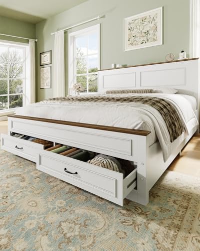 Yoobure Farmhouse Queen Bed Frame - Platform Bed Frame Queen Size with Headboard, Wood Beds with Storage Drawers, Wooden Bedframe with 18" Tall Footboard, No Noise, No Box Spring Needed, White - size: Queen (U.S. Standard)