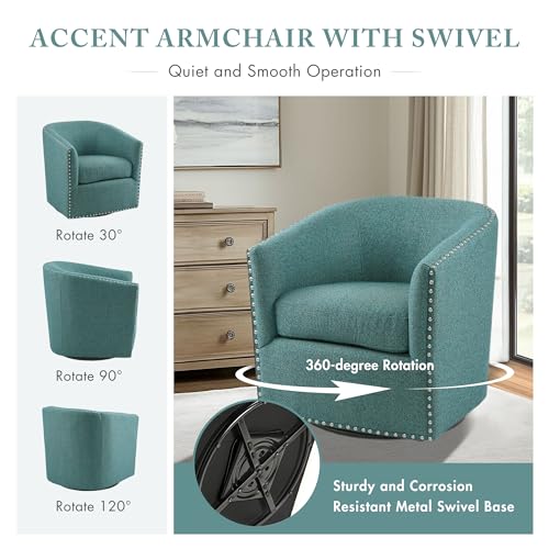 Madison Park Swivel Barrel Accent Chair, Upholstered Curved Back with 7-Inch Thick Woven Cushion, 360° Swivel, Nailhead Trim, Comfy Chair for Living Room, Bedroom, Office, 28" Wide, Teal, Tyler - color: Teal