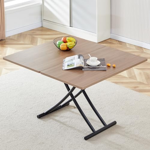 Adjustable Height Coffee Table, Folding Dining Table, Wood & Black | Convertible lift top table for use as a coffee table, dining table, home office desk or vanity - color: Wood & Black Legs