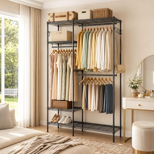 Clothes Rack with Adjustable Wire Shelves & Hanging Rods, Black | Portable Clothing Garment Rack for Hanging Clothes, Freestanding Closet Organizer, Heavy Duty, Max Load 700Lbs - color: Black