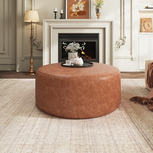 Christopher Knight Home GAVI PU Leather Ottoman Foot Stool, 30" Pouf Footstool Ottoman Seat, Upholstered Foot Chair, Round Footrest, Modern Side Table for Living Room Bedroom Home Decor, Cognac Brown - color: Cognac Brown, Faux Leather