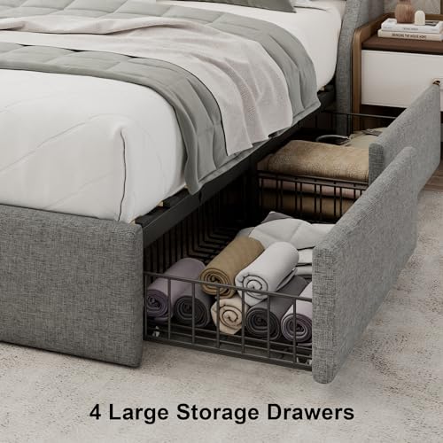 Einhomn Queen Bed Frame with 4 Storage Drawers, Upholstered Bed Frame with Large Wingback Headboard, Charging Station, No Box Spring Needed, Light Grey - color: Light Gray, size: Queen
