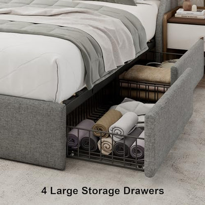 Einhomn Queen Bed Frame with 4 Storage Drawers, Upholstered Bed Frame with Large Wingback Headboard, Charging Station, No Box Spring Needed, Light Grey - color: Light Gray, size: Queen