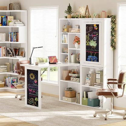 Small Folding Desk with Outlets, Fold-Out Murphy Desk Craft Table | Foldable Wall Mounted Desk Cabinet with Storage, Craft Cabinet with Fold Out Table, Multi-Function Desk for Small Spaces - color: White