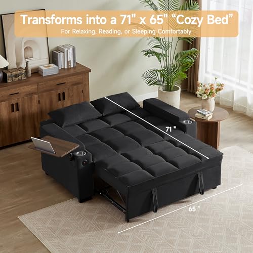 66" Multi-Functional Pull-Out Sofa Bed with Hidden Side Table, Storage Armrests, Built-in Charging Port, Spring Mattress, Solid Wood Frame – Ideal for Small Spaces, Easy Assembly - color: 1007-black