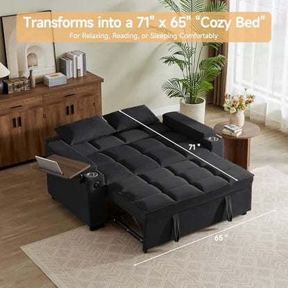 66" Multi-Functional Pull-Out Sofa Bed with Hidden Side Table, Storage Armrests, Built-in Charging Port, Spring Mattress, Solid Wood Frame – Ideal for Small Spaces, Easy Assembly - color: 1007-black