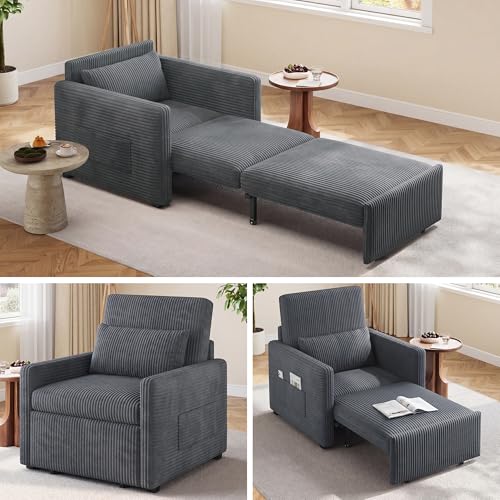 3 in 1 Pull Out Sleeper Chair, 75.2” Corduroy Single Sofa, Dark Gray | Convertible Sofa Bed for Adults, Corduroy Armchair Chair Bed & Single Sleeper with Pillow for Dorm/Bedroom - color: Dark Grey