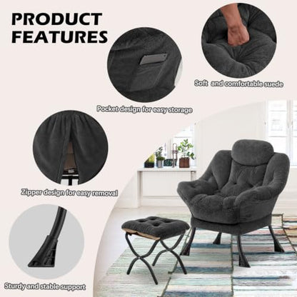 Lazy Chair with Folding Ottoman,Leisure Sofa Chair,Soft Fabric Armchair with Armrests and Side Pockets, Reading Chair with Footrest for Living Room, Bedroom, Office (Plush Dark Grey) - color: Plush Dark Grey