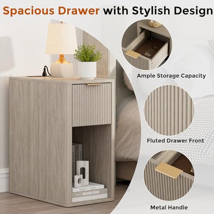 Homleke Narrow End Table with Fluted Drawer & Charging Station | Compact Nightstand with USB Ports & Outlets, Bedside Table for Bedroom, Living Room, Modern Accent Table, Light Gray Oak - color: Light Gray Oak