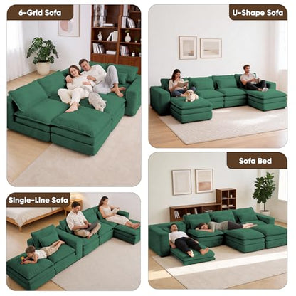 140" U Shape Modular Sectional Sofa with Ottoman, Boneless Couch Three-Layer Deep 4 Seat Convertible Pull Out Sleeper Sofa Bed for Living Room Apartment No Assembly 140" U-Green - size: 140"U