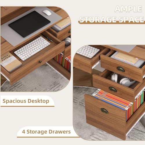 4 EVER WINNER Wooden Desk with Drawers, Small Desk with Monitor Stand and File Drawe, Writing Desk with Drawers for Bedroom Small Spaces, Walnut - color: Walnut