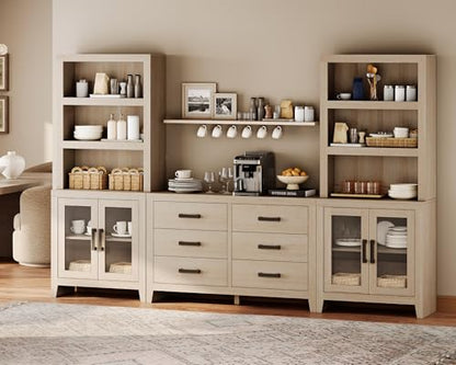 WAMPAT Farmhouse Entertainment Center with Bookshelves, TV Stand Set with Glass Doors & 6 Drawers, Wood Media Console for Living Room, Bedroom, Beige - color: Beige