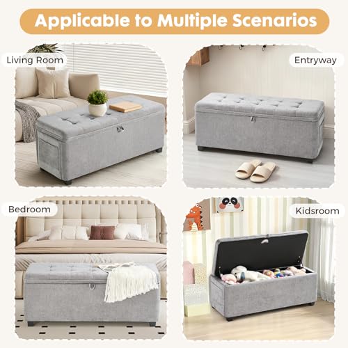 Gray Ottoman with Storage, 45 Inch End of Bed Bench with Pocket | 330 Lbs Capacity, Safety Hinge,Linen-Like Chenille Fabric, Hidden Storage Bench for Entryway, Living Room, Bedroom Footrest - color: Chenille-gray