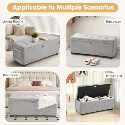 Gray Ottoman with Storage, 45 Inch End of Bed Bench with Pocket | 330 Lbs Capacity, Safety Hinge,Linen-Like Chenille Fabric, Hidden Storage Bench for Entryway, Living Room, Bedroom Footrest - color: Chenille-gray