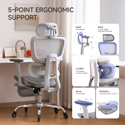 Office Chair with Footrest, Ergonomic Chair with Neck Pillow & Rubber Wheels, Computer Chair with Adjustable Backrest & 3D Armrests Headrest, Gaming Chair Adaptive Lumbar Support, Grey - color: Grey, style: Pro