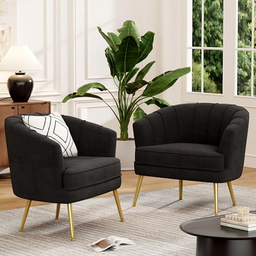 Velvet Accent Chair Set of 2, Barrel Armchair, Black | Velvet Upholstery, Golden Metal Legs, Comfy Barrel Back, Modern Style, Living Room Bedroom Office - color: Black, size: 2 Chairs