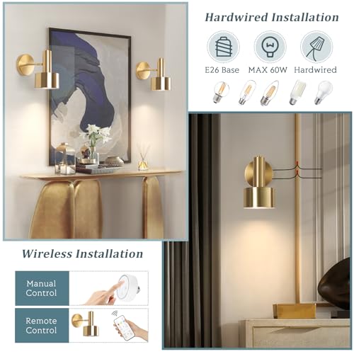 KELUOLY Battery Operated Wall Lights Set of 2, Wireless Battery Powered Wall Sconce, Modern Metal Indoor Wall Lamp, Dimmable with Remote, Suitable for Living Room Bedroom Golden-Like Brass Finish - color: Gold