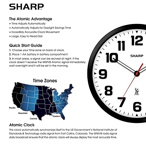 Sharp 12-Inch Atomic Wall Clock, Battery Operated, White with Black Frame | Self-setting atomic time; Easy-read analog face; Automatic time adjustment; Simple setup; Versatile home or office style - color: Black / White, size: Large