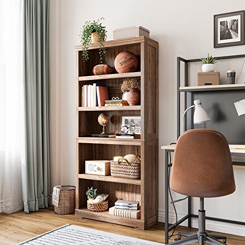 LINSY HOME 5-Shelf Bookcase, Bookshelves Floor Standing Storage Shelves 68 in Tall Bookcase Home Decor Furniture for Home Office, Living Room, Bed Room - Dark Brown - color: Dark Brown, size: 5 Shelf Standard 68.3"H
