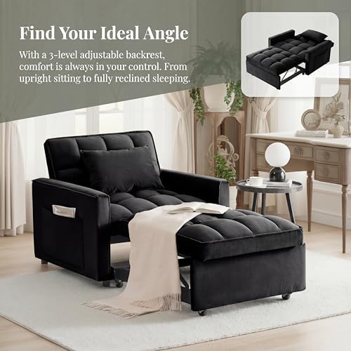 Sleeper Chair with Pull Out Bed, 3 In1 Convertible Chair Bed, Black | Adjustable Backrest with Multiple Reclining Positions, Soft Cushioning, Handy Side Pocket, Perfect for Everyday Lounging - color: W-black-m2