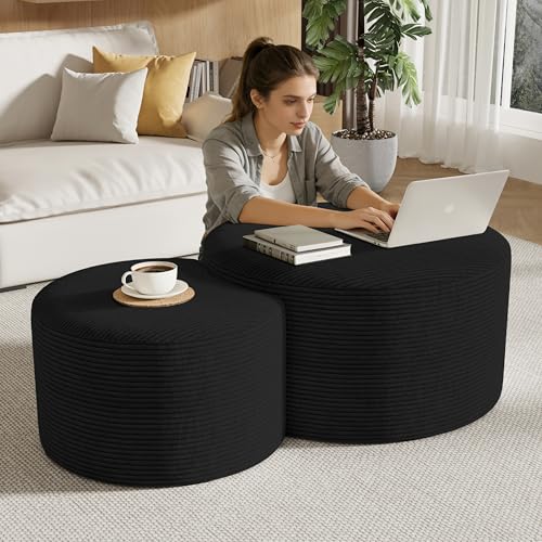 Round Nesting Coffee Table Set of 2,Upholstered Foam Ottoman Footrest Side Table Set,Modern Flannel Circle Coffee Table No Assembly for Living Room Entryway Bedroom,Black - color: Black