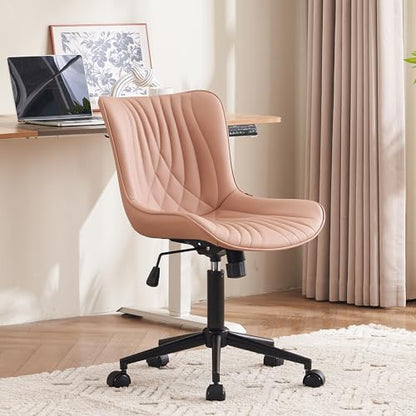 YOUTASTE Pink Modern Office Chair, Faux Leather Armless Desk Chair with Wheels, Height Adjustable, Swivel, Rocking, 300 lbs Capacity, Metal Base, for Home Office Vanity - color: Nude Pink