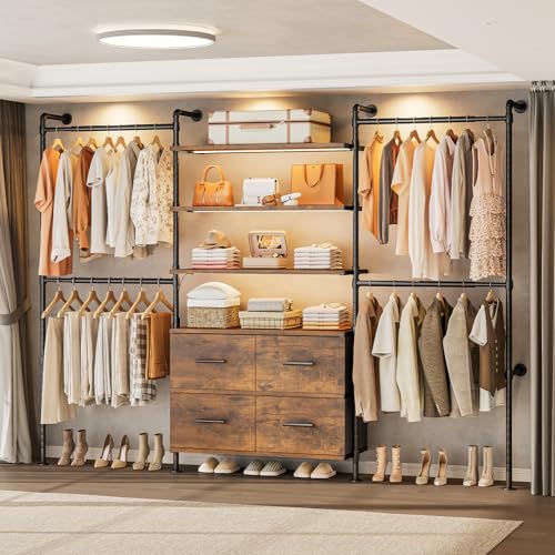 T3 Closet System with Stepless Dimmable LED Light & 4 Large Drawers | Adjustable from 6'6'' to 8'11'', Heavy Duty Industrial Pipe Clothes Rack with 6 Wood Shelves & 4 Hanging Rods, Rustic Brown - color: Rustic Brown