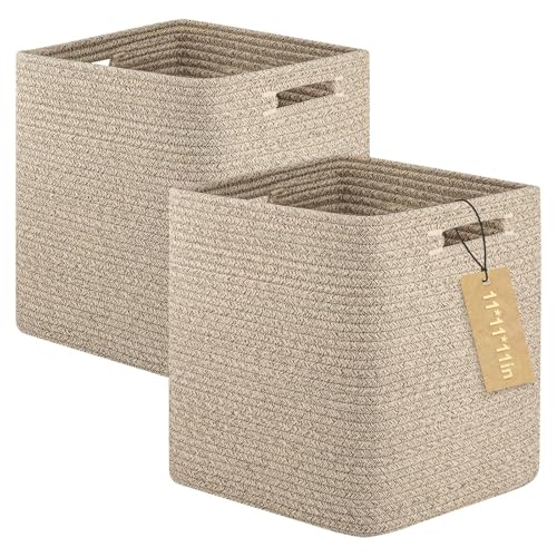 OIAHOMY 2 PACK Cube Storage Bin 11 Inch Collapsible Storage Cube Brown | Cube Storage Organizer Storage Bins for Shelves Baskets for Organizing Woven Rope Storage Baskets - color: Brown, size: 2Pcs-11*11*11inch