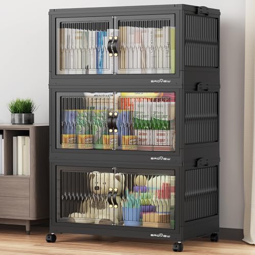 BROVIEW 360Qt Stackable Storage Bins with Lid for Home Dorm, 3Pack Black | Closet Organizers, Foldable & Collapsible Cabinets, Large Containers, Wheels & Magnetic Doors, Plastic Drawers for School - color: Black, size: 120QT-3Pack