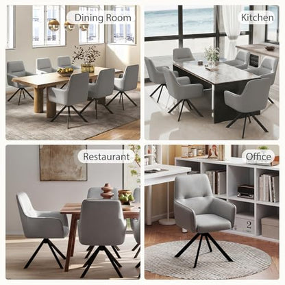 360°Swivel Dining Chairs Set of 6, Modern Upholstered Dining Room Chairs with Thicken Cushion, Dining Chairs with Armrests Swivel Kitchen Chairs for Living Room, PU, Grey - color: Grey, size: Set of 6