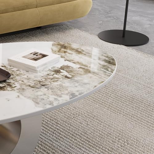 49.2" Oval Marble Coffee Table with Silver Stainless Steel Base, Luxury Modern White Sintered Stone Center Cocktail Tea Tables for Living Room,Easy Assembly - color: Style 3: Silver Base