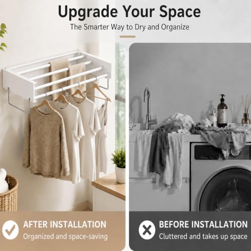 23.6-Inch Wall Mounted Foldable Clothes Drying Rack, White | Space-saving rack folds against the wall when not in use and includes a mounting template for indoor or balcony drying - color: White,w23.6''