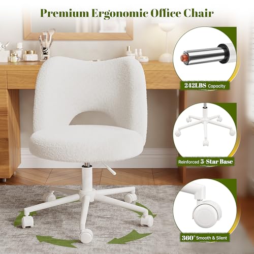 DurayLoly Vanity Chair with Open Back & Wheels White | Swivel, Fluffy Teddy Fabric, Height Adjustable,300lbs for Makeup Room, Vantiy, Bedroom - color: White