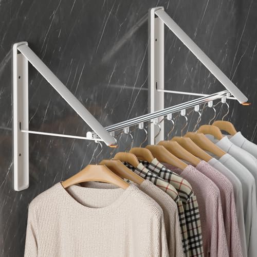 Dr.DJ Clothes Drying Rack with Rod, Wall-Mounted Retractable & Foldable Clothes Hanger for Laundry Room Organization and Storage, Metal Clothes Hanger Rack for Dorm, Closet, Balcony 2Rack,1Rod White - color: White 2racks With Rod