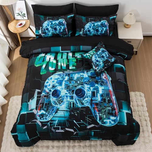 Aimuan Gamer Gaming Bedding Sets 3D Gamepad Comforter Sets for Boys Games Console Action Buttons Novelty Colorful Game Controller Modern Room Decor Home Quilt Set (Cyan, Twin 6PCS) - color: Cyan, size: Twin(6Pcs)