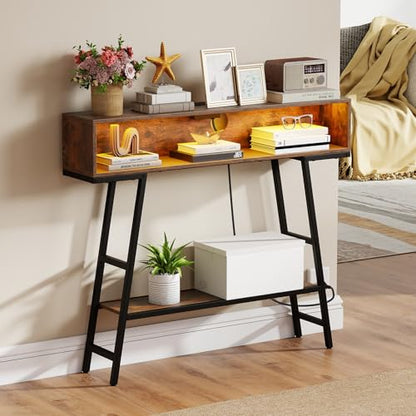 GIANTEX Modern Console Table with Charging Station & LED Lights | 40" Entryway Table w/ Storage Shelves, 3-Tier Display Shelf for Small Space, Sofa Table for Living Room, Rustic Brown + Black - color: Rustic Brown