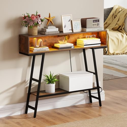 GIANTEX Modern Console Table with Charging Station & LED Lights | 40" Entryway Table w/ Storage Shelves, 3-Tier Display Shelf for Small Space, Sofa Table for Living Room, Rustic Brown + Black - color: Rustic Brown